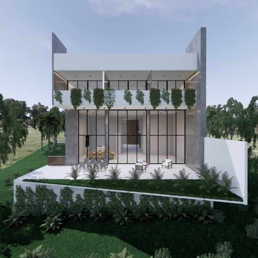 Render de la fachada posterior con jardín colgante