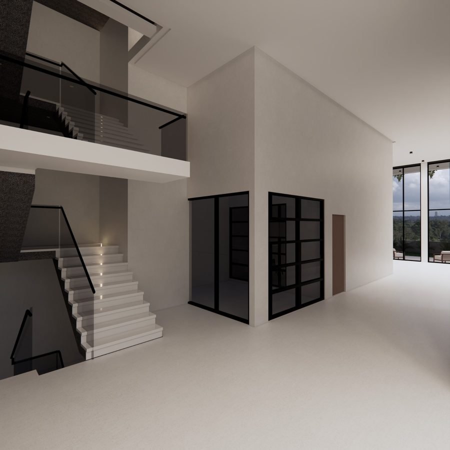 Render de la doble altura con escalera y elevador