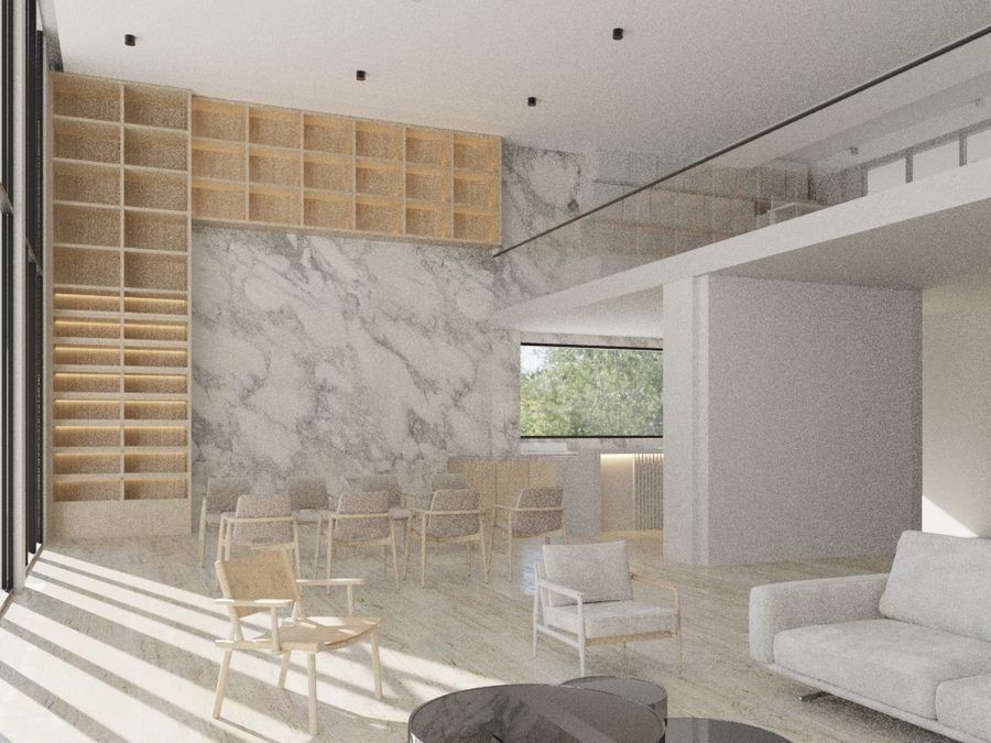 Render del vestíbulo de doble altura en mármol