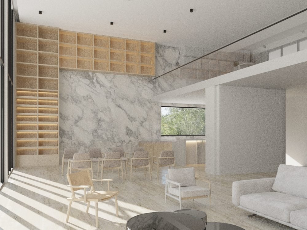 Render de Casa 33 · Lagunas 2 — vestíbulo de doble altura en mármol