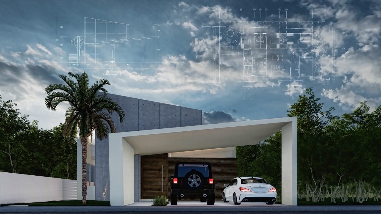 Render de Casa Mayakoba — acceso con los planos del proyecto