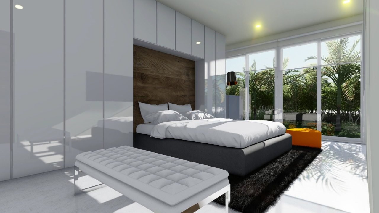 Render de Casa Mayakoba — recámara con el jardín