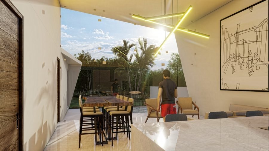 Render del comedor bajo la luminaria en cruz